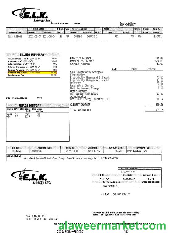 Canada ELK energy utility bill template, fully editable in PSD format
